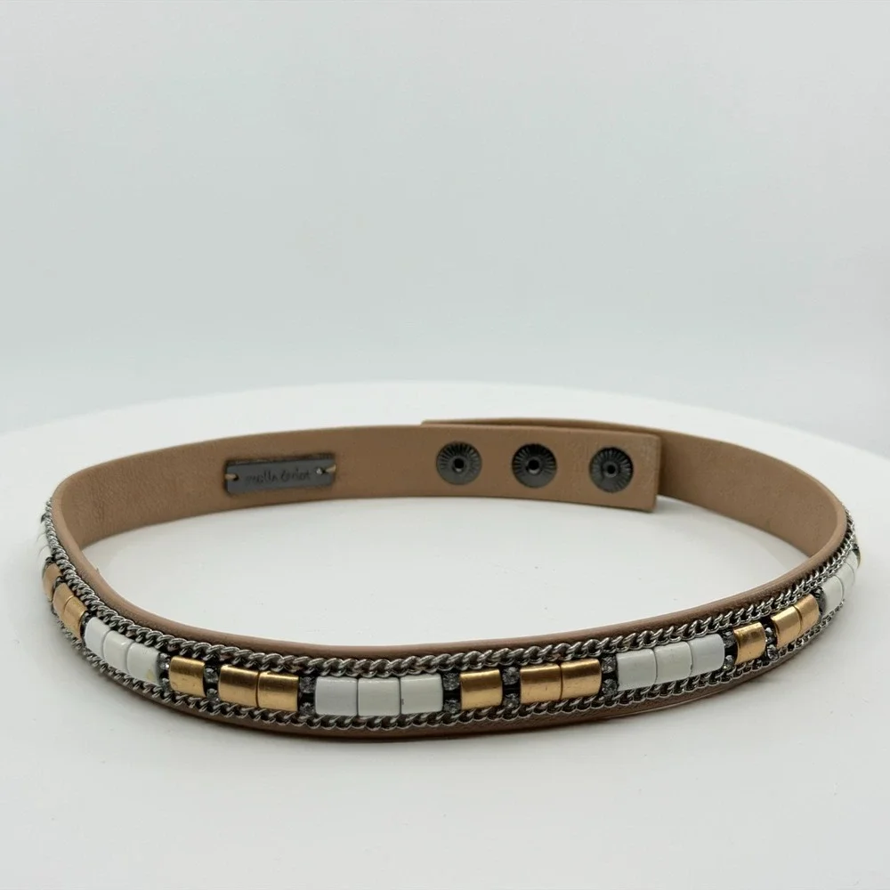 Stella & Dot Tan Faux Leather Wrap Bracelet Mixed Metal Rhinestone Boho Gift